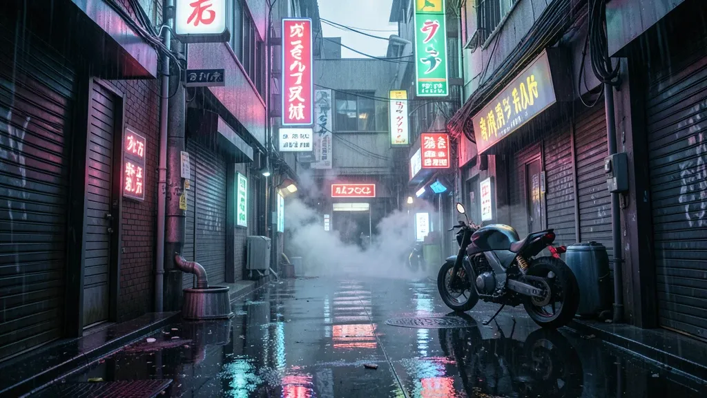 Narrow rain-soaked cyberpunk alley with glowing neon signs, steam from vents, and reflective wet pavement