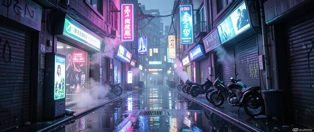 Neon cyberpunk alleyway with wet pavement reflecting glowing signs and holographic ads