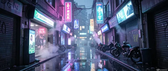 Neon cyberpunk alleyway with wet pavement reflecting glowing signs and holographic ads