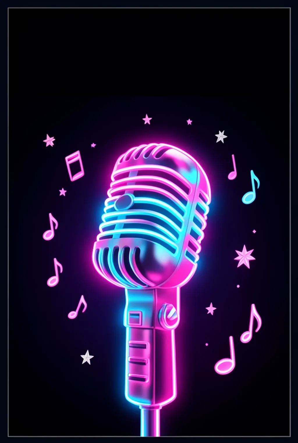 Neon karaoke poster with a glowing pink and blue microphone and music notes