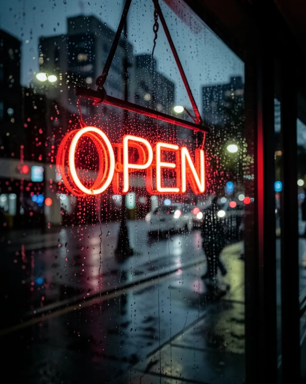Glowing red neon open sign reflected in raindrops on a dark storefront window with blurred city lights