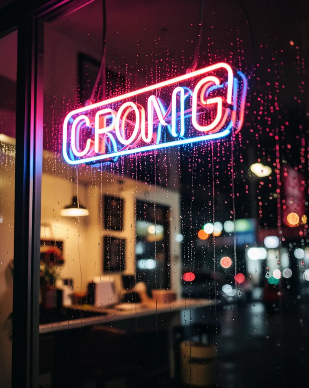 Glowing neon open sign in a rainy shop window with streaking raindrops and city bokeh