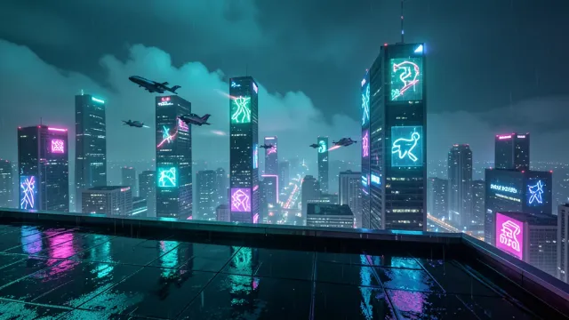 Cyberpunk city at night seen from a rooftop with neon billboards, flying cars and rain-slicked cyan-magenta streets