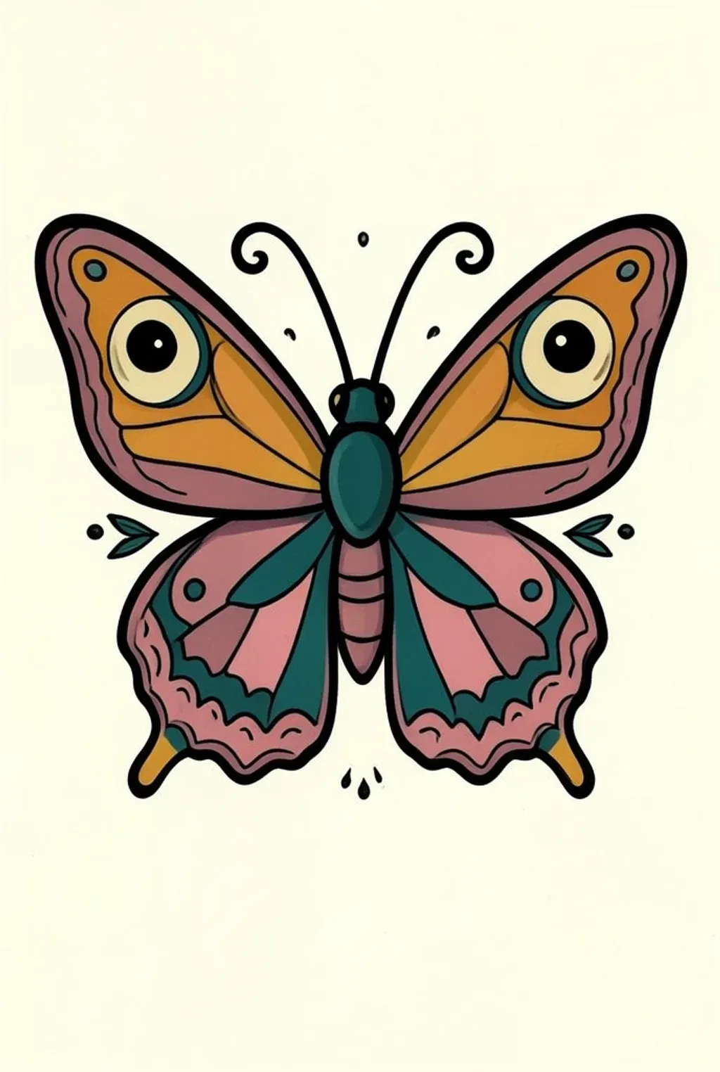 Neotraditional moth tattoo flash with bold outlines and ochre, rose and teal flat fills on cream