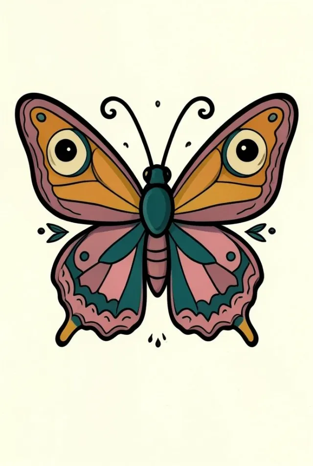 Neotraditional moth tattoo flash with bold outlines and ochre, rose and teal flat fills on cream