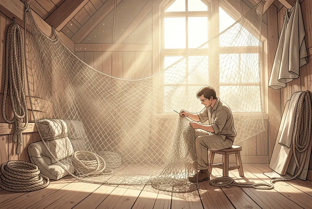 A sunlit loft with a fishing net draped across the floor being mended by a worker.