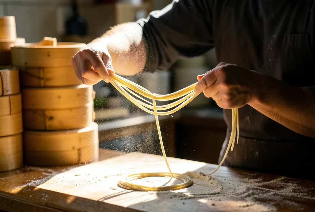 A noodle maker stretching dough into thin strands in a shaft of light, flour dust in the air