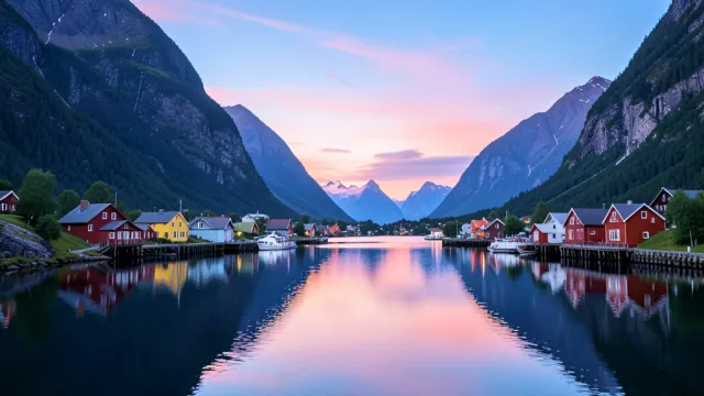 Nordic fjord village with colorful wooden houses reflected in calm water at dawn