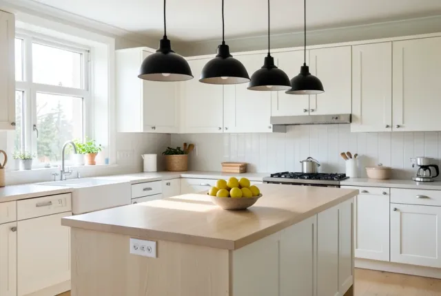 Bright Nordic kitchen with white cabinets, pale wood island, black pendant lights, and morning window light