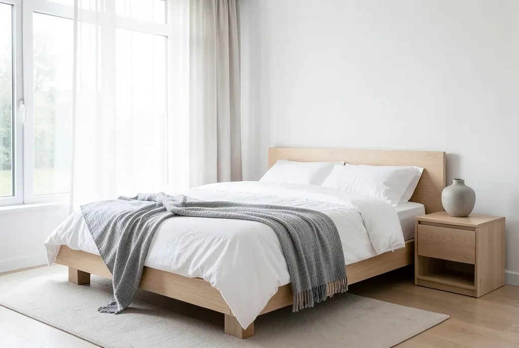 Nordic minimalist bedroom with low platform bed, white linen, oak nightstand, sheer curtains, and grey throw