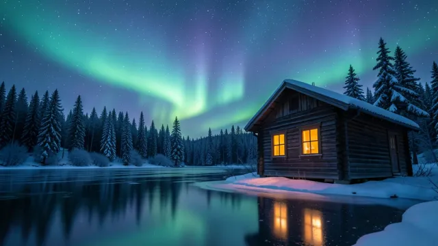 A small wooden cabin by a frozen lake beneath a rippling green and violet aurora in a starry winter sky
