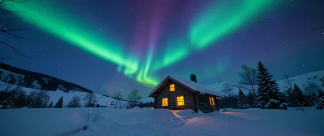 Small snowy cabin with warm glowing windows under green and purple northern lights in night sky