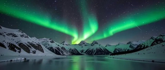 Vibrant green aurora dancing above snowy mountains reflected in a frozen lake