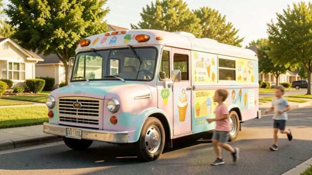 Retro pastel ice cream truck on a sunny suburban street with blank menu board and summer light