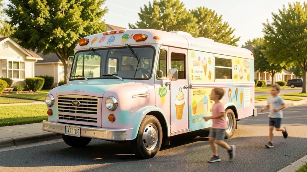 Retro pastel ice cream truck on a sunny suburban street with blank menu board and summer light