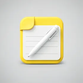Note-taking app icon with yellow notepad curled corner and white pen on light grey gradient background