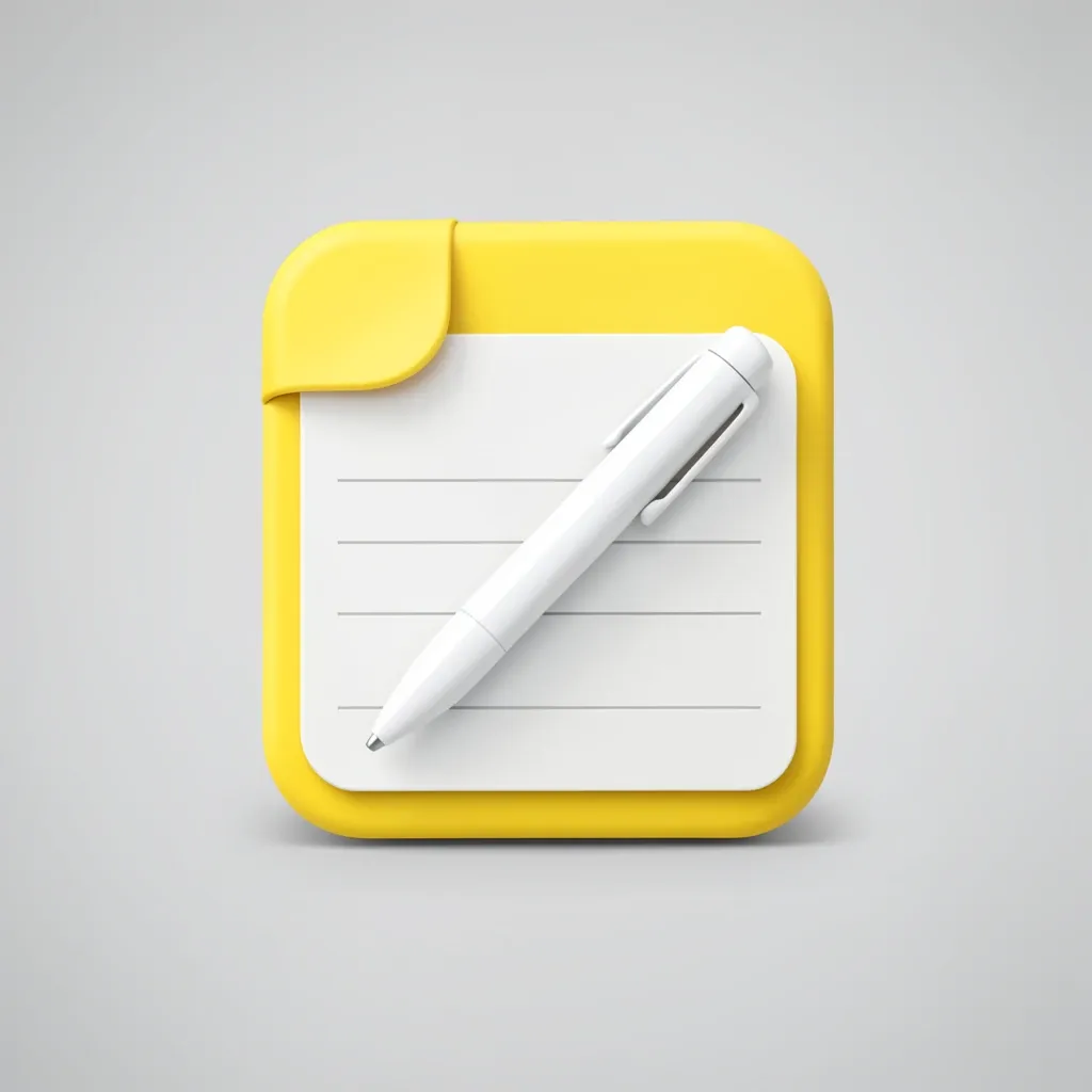 Note-taking app icon with yellow notepad curled corner and white pen on light grey gradient background