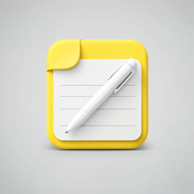 Note-taking app icon with yellow notepad curled corner and white pen on light grey gradient background