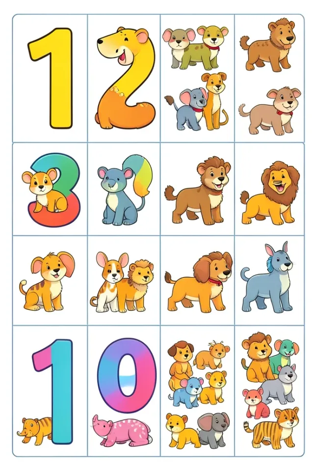 A colorful classroom counting poster pairing numerals one to ten with matching groups of cute cartoon animals