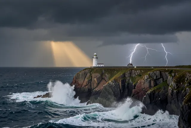 White lighthouse on rocky cliff with massive crashing waves, storm clouds, distant lightning, and warm beam