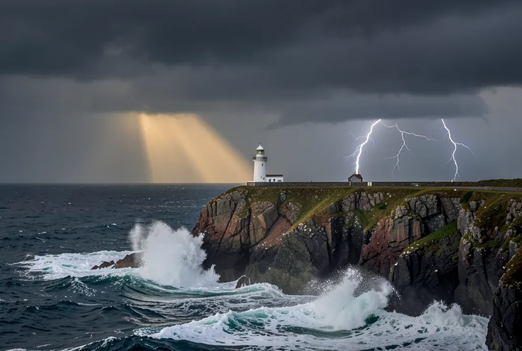 White lighthouse on rocky cliff with massive crashing waves, storm clouds, distant lightning, and warm beam