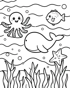 Ocean life kids coloring page with cartoon whale, octopus, pufferfish and starfish in bold outlines