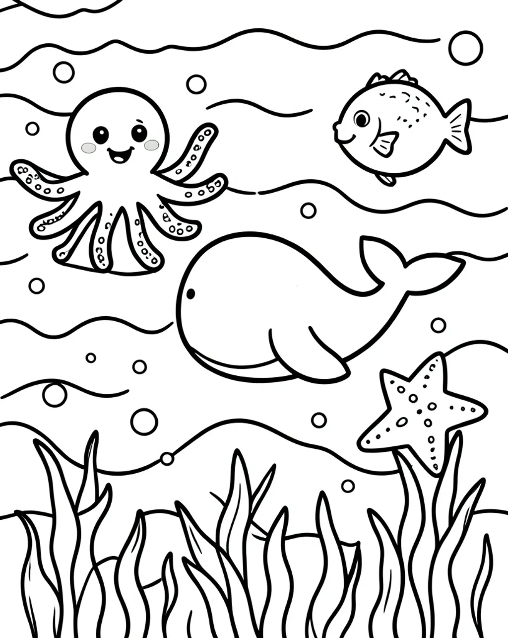 Ocean life kids coloring page with cartoon whale, octopus, pufferfish and starfish in bold outlines