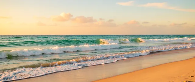Gentle turquoise ocean waves rolling onto a sandy beach at golden hour with sunlight catching the spray