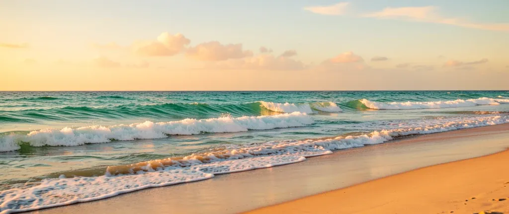 Gentle turquoise ocean waves rolling onto a sandy beach at golden hour with sunlight catching the spray