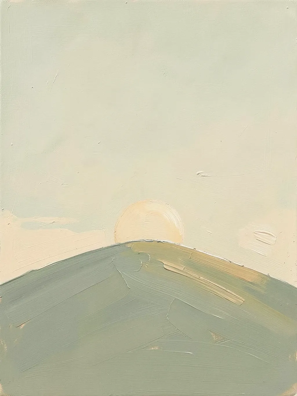 A minimalist oil painting of a single soft hill and low sun in muted sage and cream tones