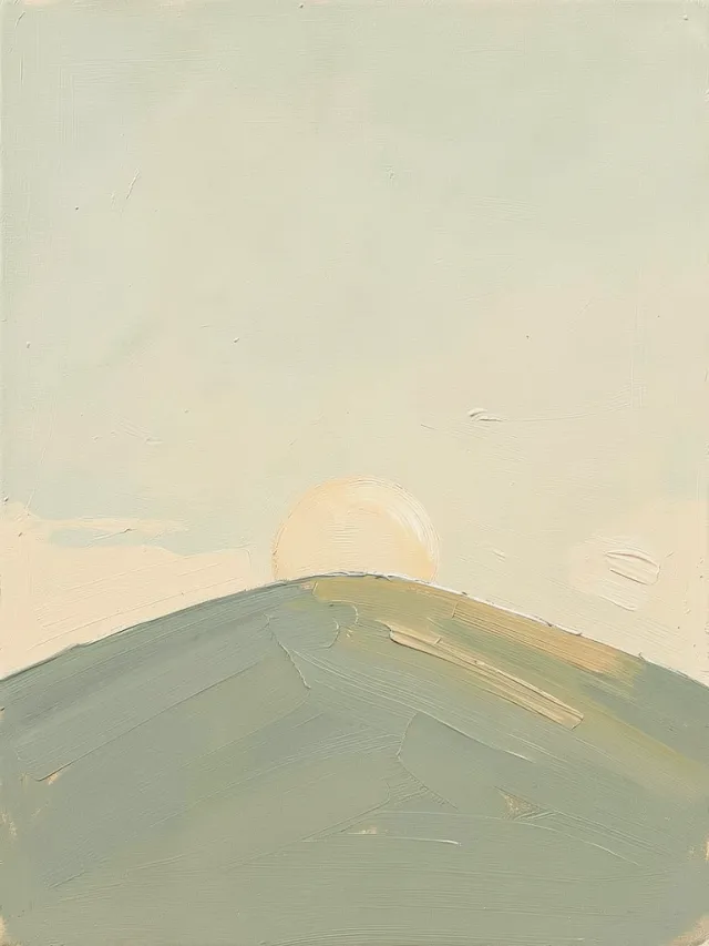 A minimalist oil painting of a single soft hill and low sun in muted sage and cream tones