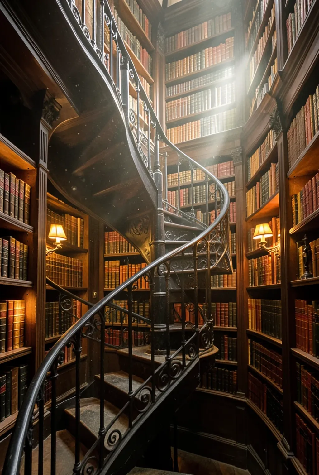 Wrought-iron spiral staircase winding through towering bookshelves with leather books and warm lamps