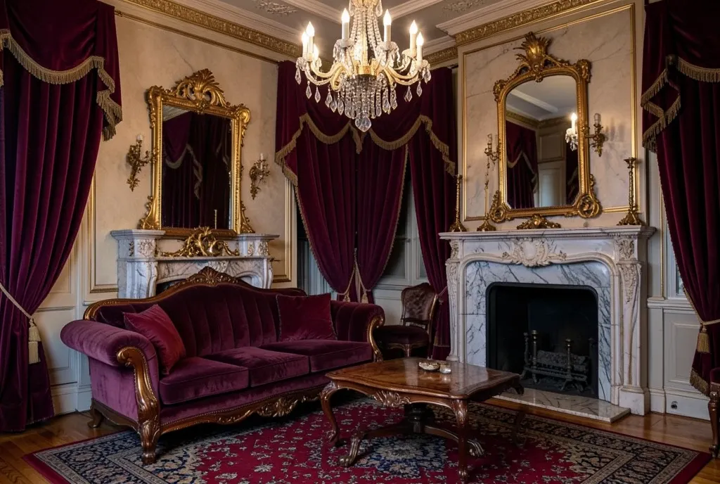 Opulent Victorian drawing room with velvet curtains, gold mirror, crystal chandelier, and marble fireplace