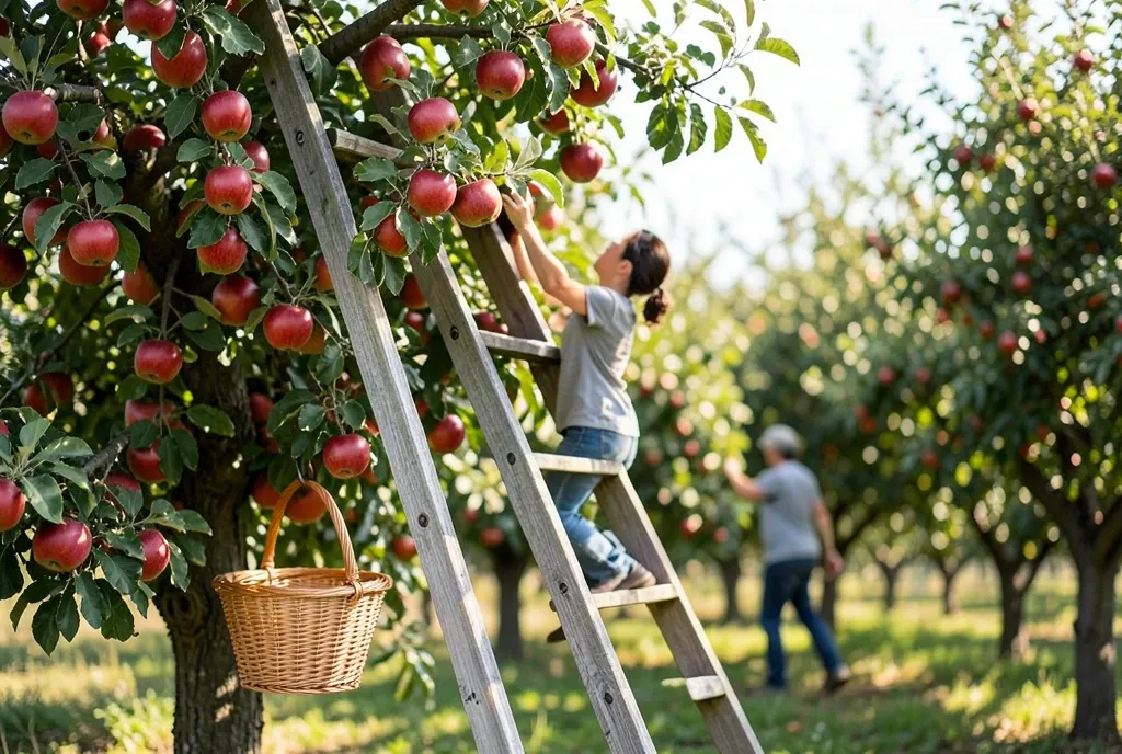 A picker on a wooden ladder twisting a ripe apple from a tree in a sunny orchard.