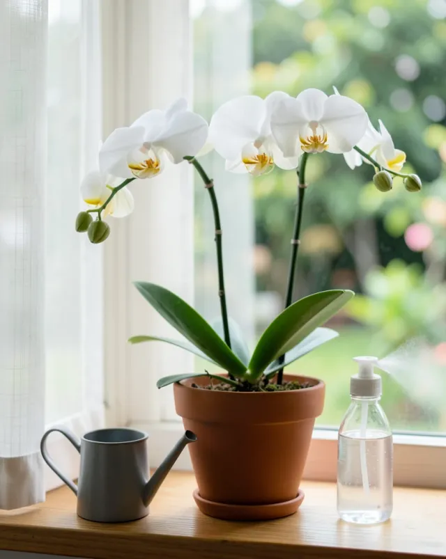 A white orchid in a terracotta pot on a windowsill, soft light through a sheer curtain.