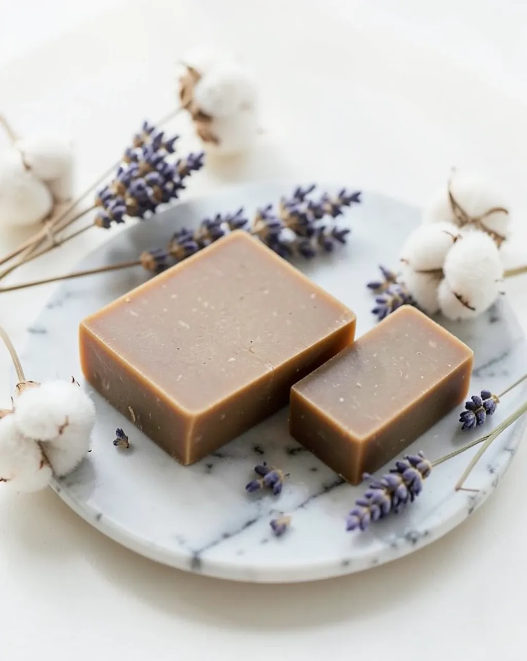 Three rustic handmade soap bars on marble tray with dried lavender and blank label area