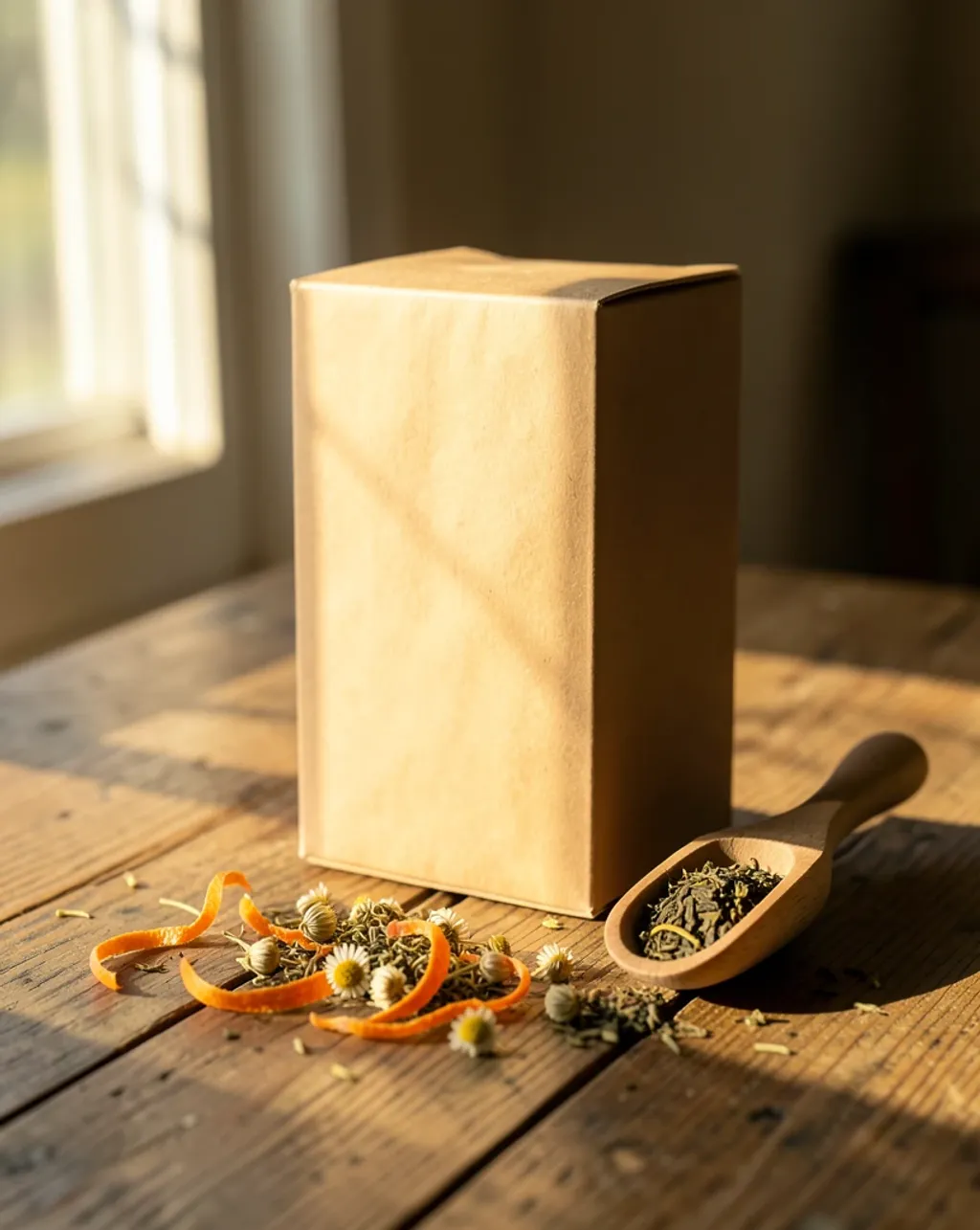 A blank kraft tea box with dried botanicals in morning light