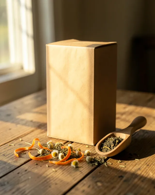 A blank kraft tea box with dried botanicals in morning light