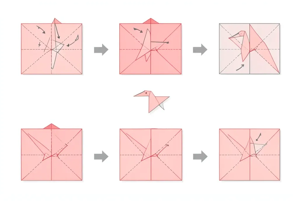 A flat diagram of origami crane folding steps with dashed fold lines and arrows on white.