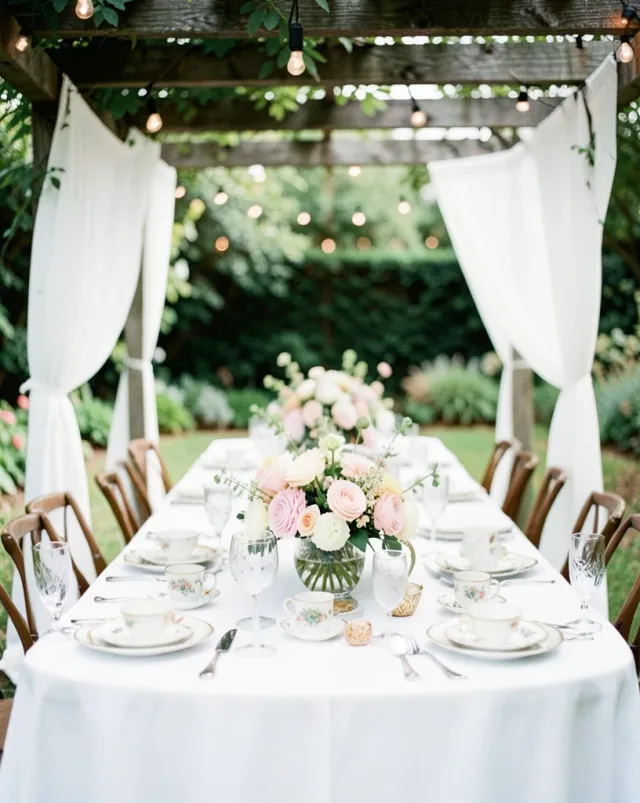 Outdoor garden party table under a pergola with white linens, pastel floral centerpiece, and vintage tea cups