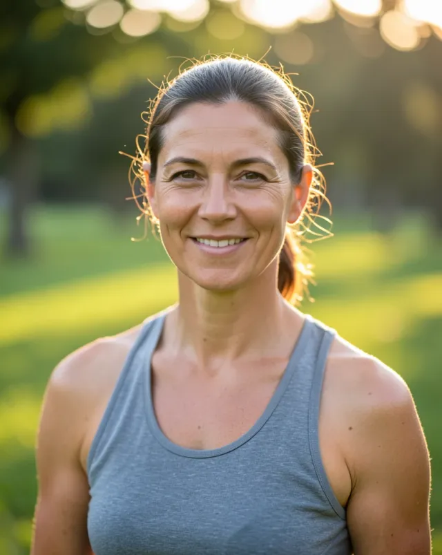 A yoga instructor in activewear smiling naturally in warm morning light against a softly blurred green park