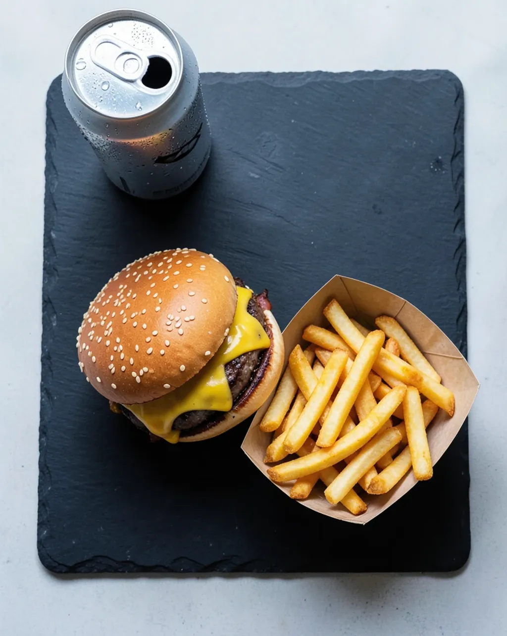 Overhead flat lay of a gourmet burger, fries and drink on a dark menu board