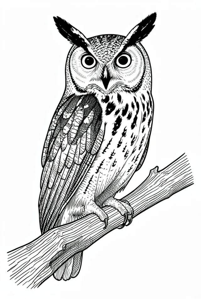 A great horned owl perched on a branch, rendered in detailed black line art.