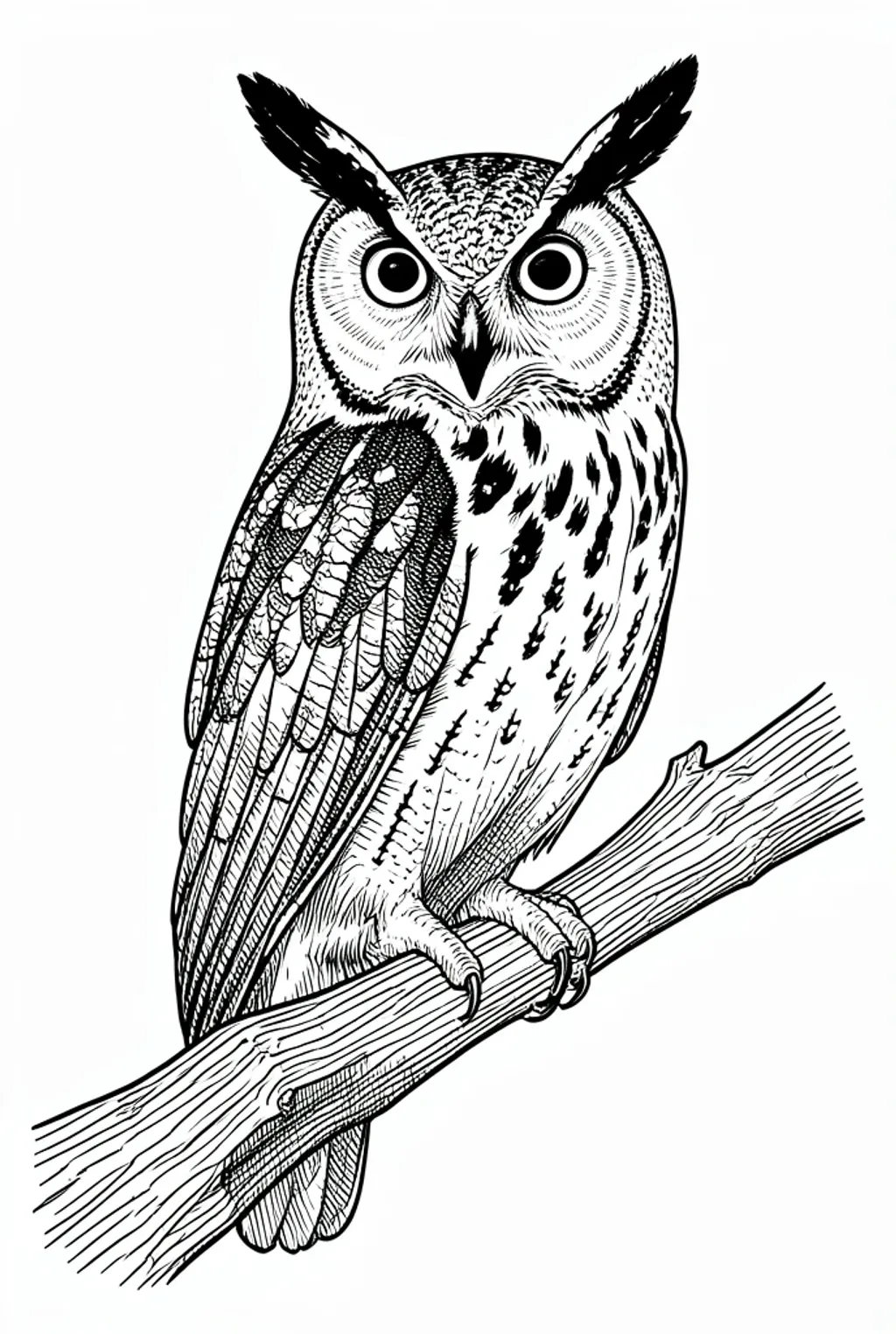 A great horned owl perched on a branch, rendered in detailed black line art.