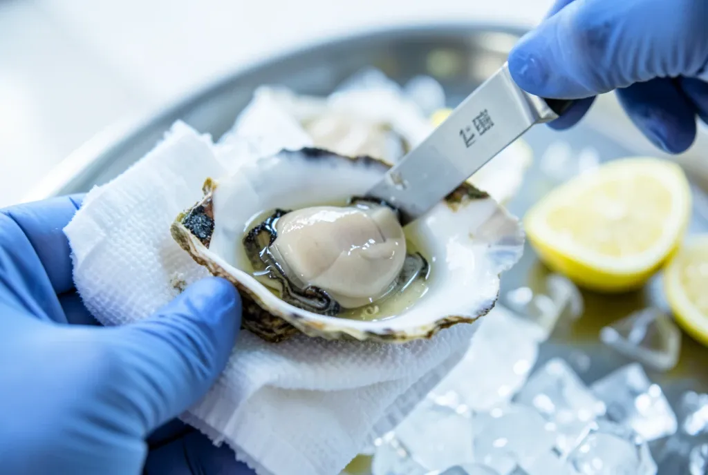 An oyster knife twisting at the hinge, the shell popping open over crushed ice.