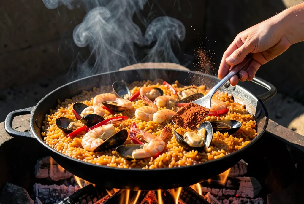 A paella pan over flame with rice crisping to a caramel socarrat crust at the edges.