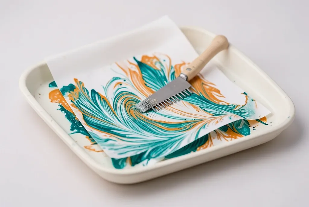 A marbling tray with raked inks in teal and ochre, a sheet of paper being lowered onto the surface.