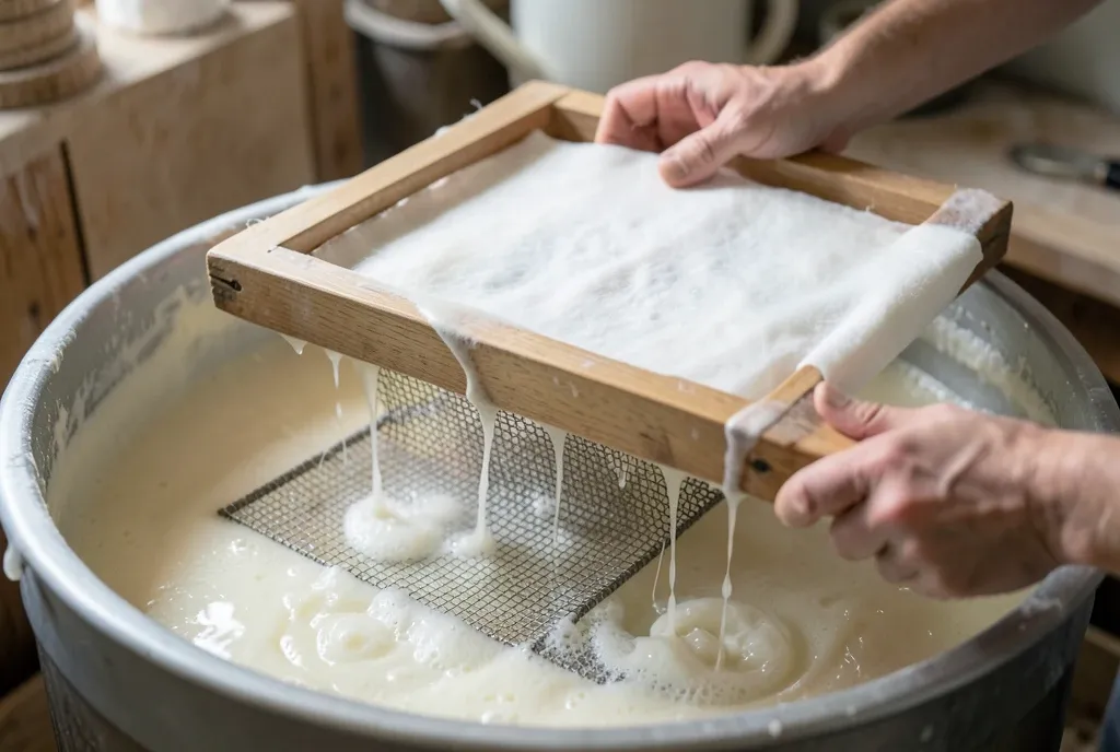 Hands lifting a deckle frame from pulp, a wet sheet of paper forming on the mould
