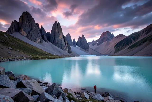 Jagged Patagonia granite peaks above a turquoise glacial lake at dawn with a lone red-jacketed hiker for scale