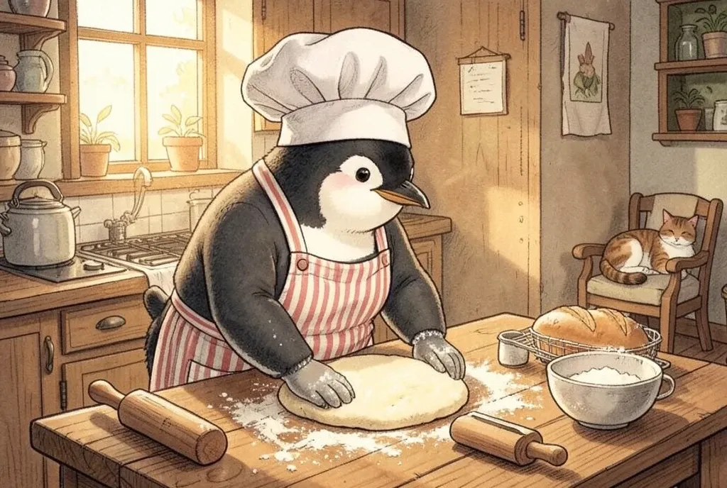 A penguin in a chef's hat kneading dough in a cozy kitchen with a cat sleeping nearby.
